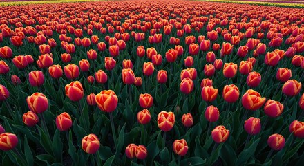 A magnificent field of vibrant, colorful cultivated tulips in full bloom under soft natural light, celebrating spring's arrival ,flora ,graceful ,new
