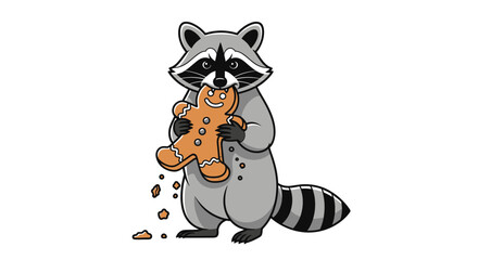 Cartoon raccoon eating a gingerbread man cookie with crumbs falling. © tr