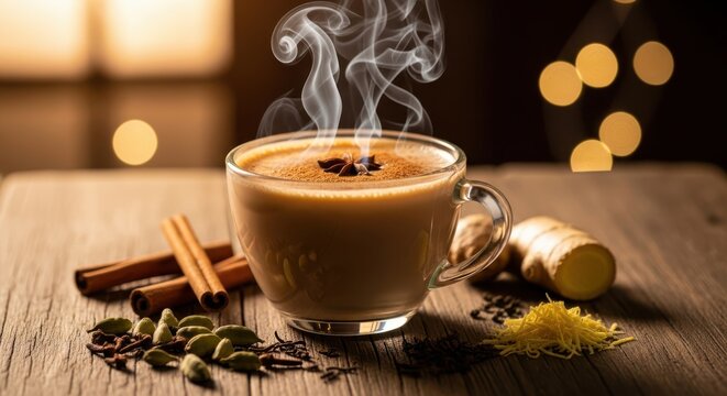Steaming cup of spiced chai tea with cinnamon sticks ginger cardamom and star anise on a rustic wooden table - Powered by Adobe