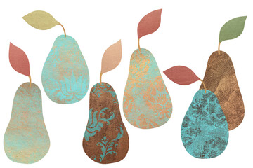 Pears abstract textured decorative bundle. Clip art, elements on white background