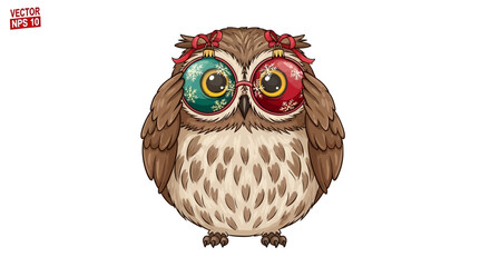 A detailed illustration of a cute owl with large, colorful eyes and festive decorations.