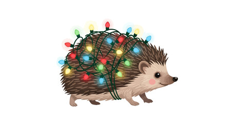 Obraz premium A cute hedgehog is decorated with colorful Christmas lights wrapped around its body.