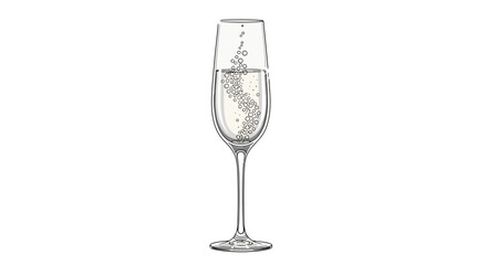 Elegant illustration of a champagne flute filled with sparkling wine and rising bubbles on a white background.