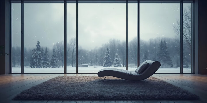 Modern Interior Window View Winter Landscape