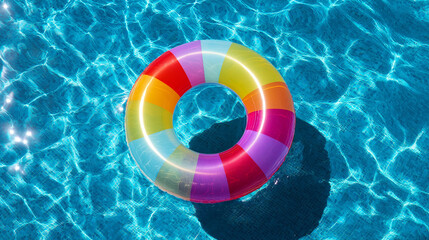 inflatable. Colorful inflatable ring floating in blue pool water, capturing fun and relaxation under sunlight. lifestyle magazines.