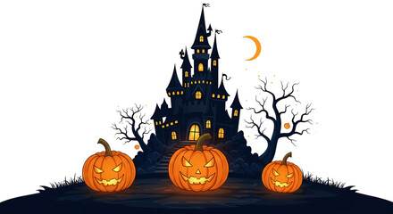 Spooky pumpkins guarding a creepy castle at midnight