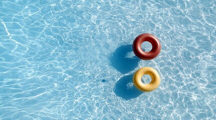 Two inflatable rings, one red and one yellow, float on the surface of a clear blue swimming pool, casting shadows below.