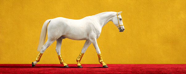 Majestic White Horse Leaping Through Golden Shards on Vibrant Background