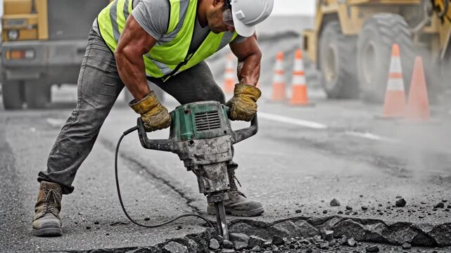 Man using a jackhammer to break asphalt on a road. Construction worker demolishing pavement for roadwork and infrastructure repair.