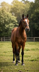 A majestic equine stands calmly in a sunlit pasture, showcasing its gentle, domesticated nature and trained behavior ,countryside ,white ,graceful