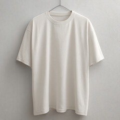 Blank White T-Shirt Hanging on a Hanger Against a Wall