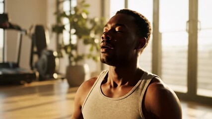 Man meditates in sunlight, calm indoor gym ambiance, mindfulness and serenity in morning routine, Black male adult finds peace