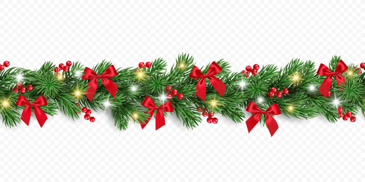 Christmas seamless garland of fir branches, red berries, bows and lights isolated on a transparent background. Vector realistic pine tree branches border for winter decoration banner, poster, greeting