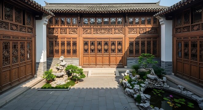 Serene inner courtyard of a traditional Chinese house featuring intricate wooden carvings, a classical rockery garden, and a small peaceful pond - Powered by Adobe