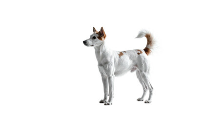 White dog stands alert with brown markings against black backround
