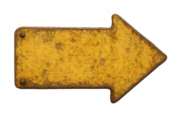 Yellow textured metal arrow sign pointing right, old rusty weathered pointer indicating direction, transparent background