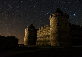 A majestic medieval fortress bathed in moonlight, its sturdy stone walls silhouetted against a star-studded night ,walls ,architecture ,night