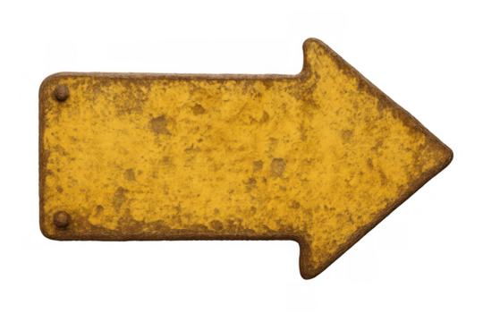Yellow textured metal arrow sign pointing right, old rusty weathered pointer indicating direction, transparent background
