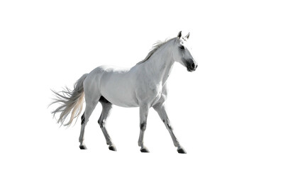 Graceful white horse isolated against a stark black backdrop