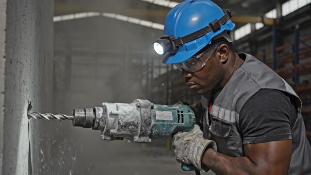 African american man building a wall with a professional drill. Industrial construction worker drilling concrete. Industry and labor concept.