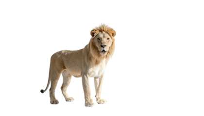 Majestic pale lion standing against a stark dark background
