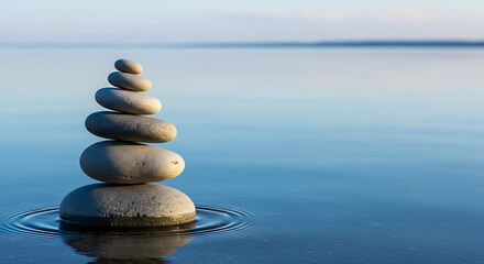 Zen balance of stacked pebbles creating harmony in calm blue water, promoting mindfulness and serenity