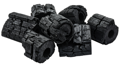 Pile of dark briquettes with central holes, close-up, textures