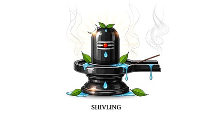 Shivling isolated on white background, a sacred symbol of lord shiva, adorned with bilva leaves and water droplets, representing purity, divinity, and spiritual significance