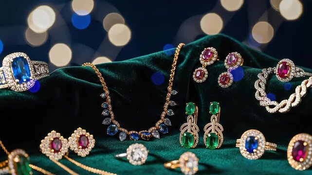 Elegant jewelry collection with gemstones on a velvet surface and bokeh lights