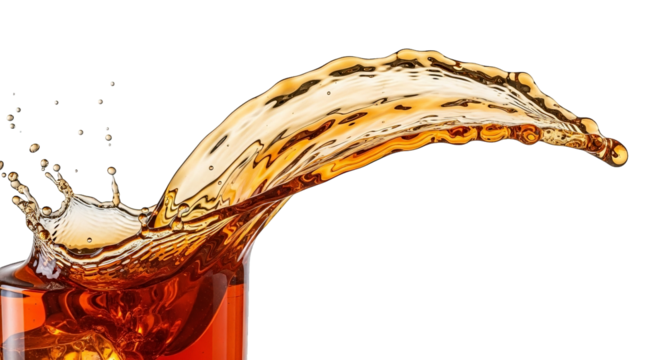 Dynamic Amber Splash: High-Speed Beverage Liquid on Black