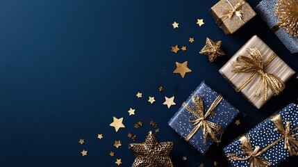 Dark blue background with golden stars and gifts, flat lay with 2/3 copy space for Christmas, birthday, New Year banners, product display, and social media.