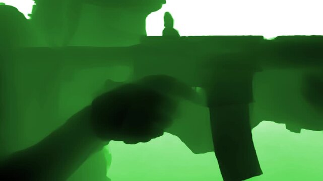 Armed soldiers move through a hazy battlefield in night vision view. Green monochrome and silhouetted figures convey action, stealth, and coordinated military movement.