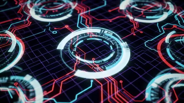 Abstract futuristic technology background with glowing blue and red circular HUD elements on a digital circuit board grid