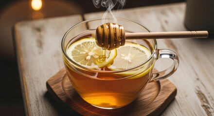 Warm honey and lemon tea in a glass mug with a wooden dipper dripping honey for a cozy winter drink