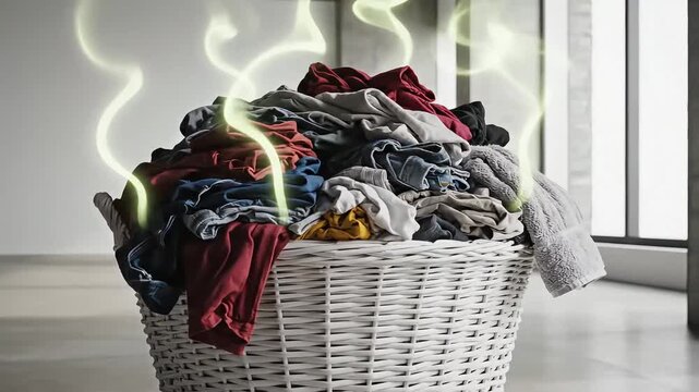 Wicker laundry basket overflowing with smelly dirty clothes emitting a foul odor.