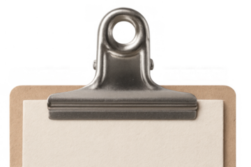 Clipboard holding blank paper with a binder clip, ready for notes, documents, or office information on transparent background