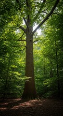 A majestic tree stands tall within a dense woodland, its strong trunk reaching upwards, surrounded by lush green foliage and dappled sunlight ,environment ,tranquil ,shadow