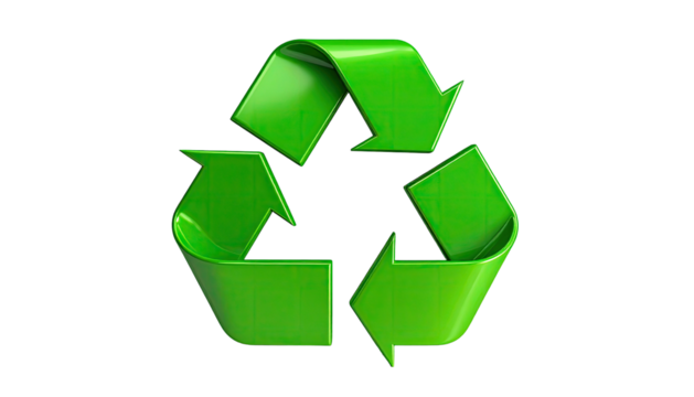 Gleaming green recycle symbol, isolated on stark black background