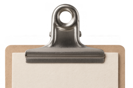 Clipboard holding blank paper with a binder clip, ready for notes, documents, or office information on transparent background