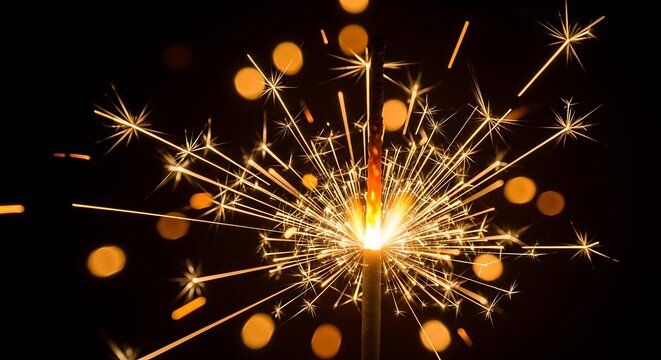 Bright sparkler exploding with golden sparks and bokeh lights on a dark background