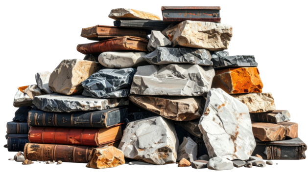 Pile of books and rocks intermixed, stacked high