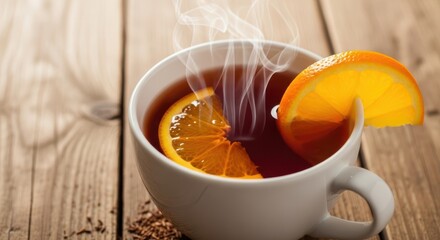 Steaming hot cup of dark tea with fresh orange slices and visible steam rising on a rustic wooden background