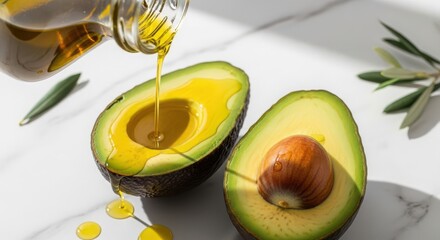 Pouring avocado oil on fresh avocado halves on a marble surface