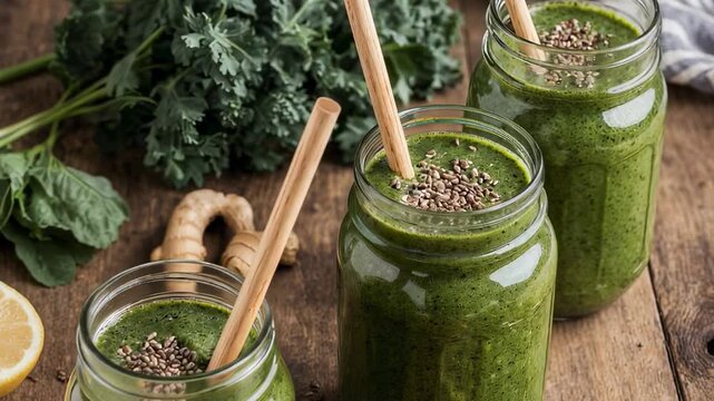 Smoothies verdes en frascos con semillas y pajillas ecol&oacute;gicas