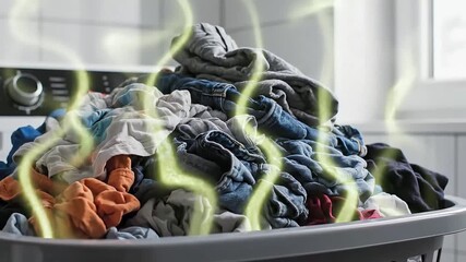 A large pile of smelly dirty laundry in a basket emitting a foul odor.