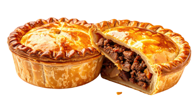 Two golden, round meat pies, one cut, against black