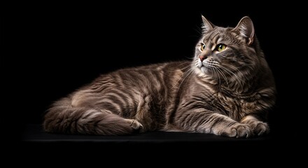 A majestic, unusually large domestic feline with thick fur sprawls comfortably, exuding an air of gentle power and remarkable presence ,fluffy ,resting ,sprawling