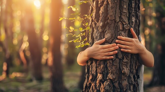 Person hugging a tree in a serene forest. - Powered by Adobe
