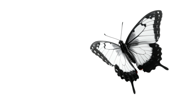 Butterfly with elegant white wings and black borders on black
