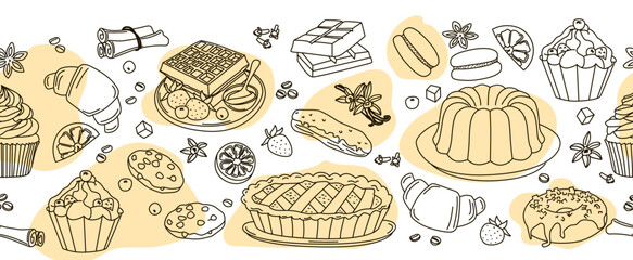 Vector illustration of a seamless pattern featuring a delightful assortment of pastries and desserts, including cupcakes, waffles, and pies. The image captures a variety of sweets, ideal for culinary 
